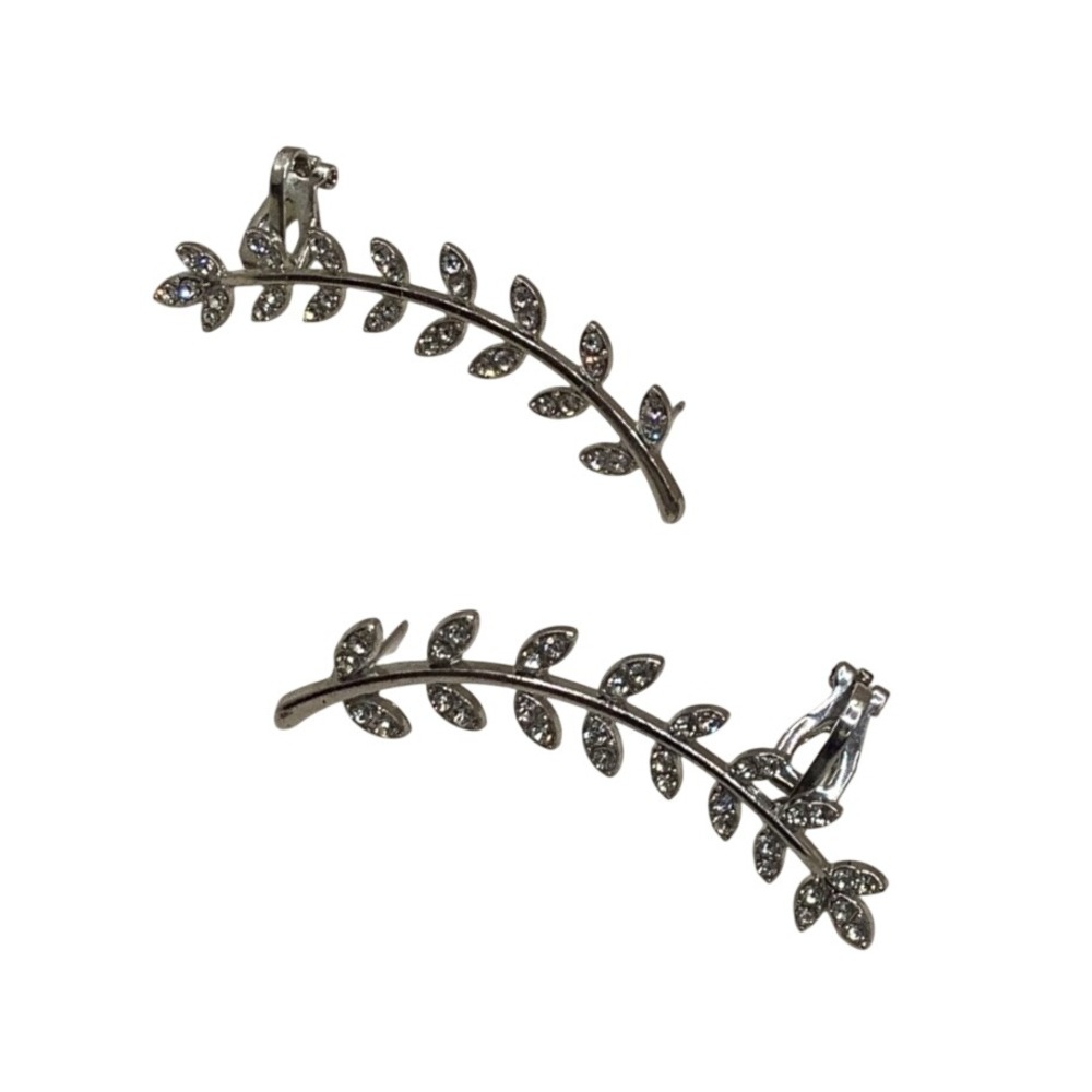 Silver Tone Rhinestone Leaf Vine Ear Climber Crawler Earrings Set Clear Crystal